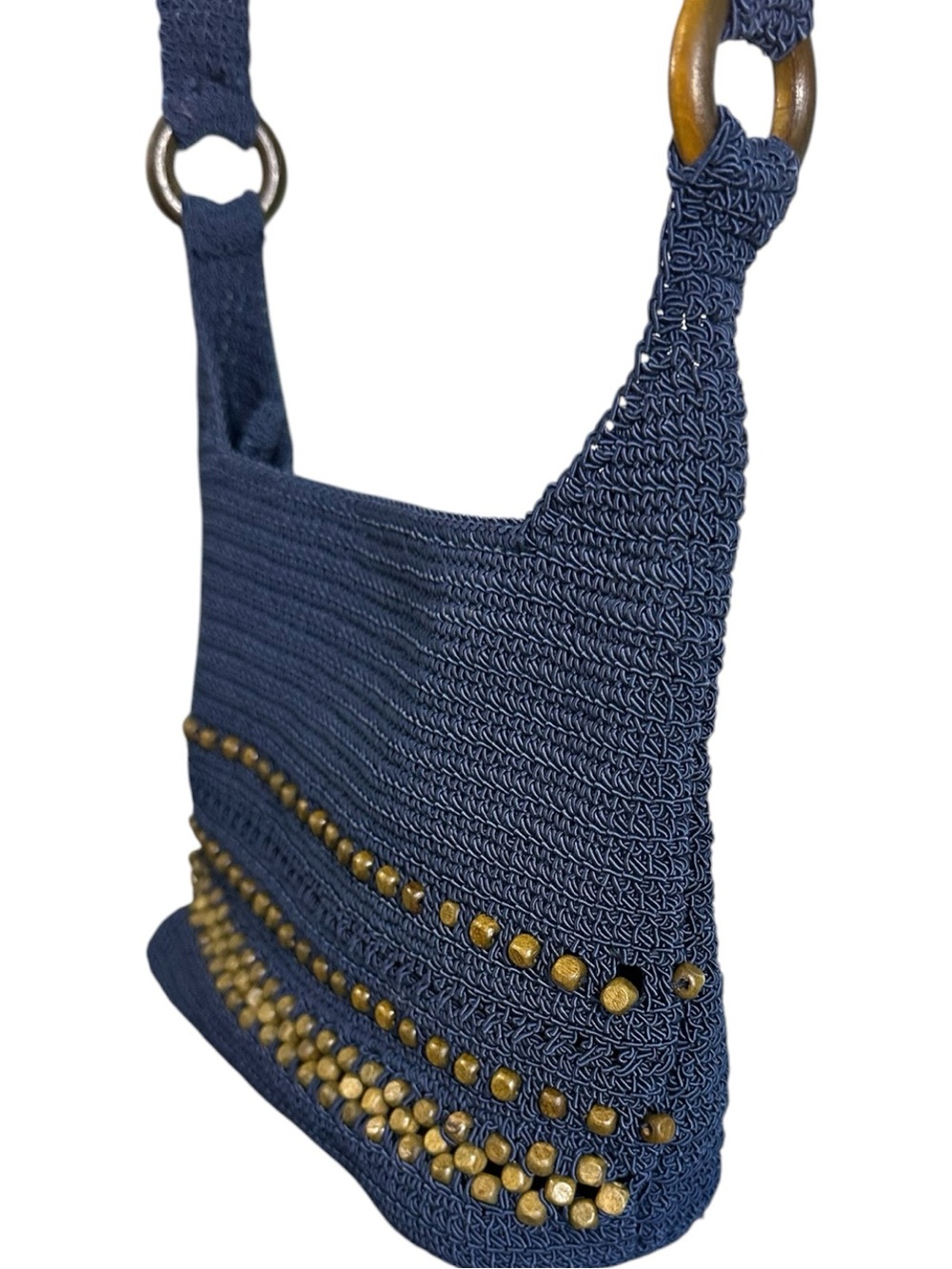 The Sak Navy Blue Crochet Crossbody Bag Beaded Studded Wallet Organizer - Picture 3 of 8